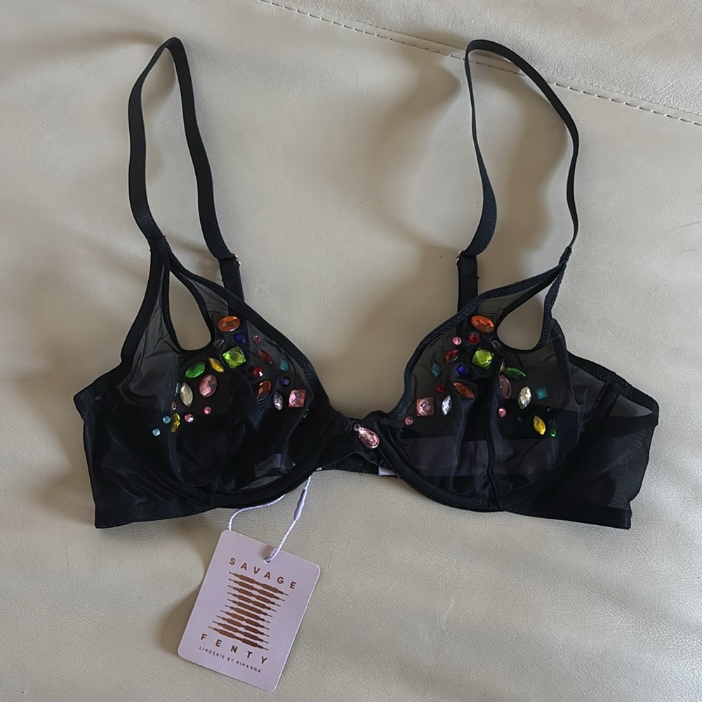 NWT Savage Fenty Carnival Unlined Tricot Plunge Bra Jeweled Black - Picture 2 of 5